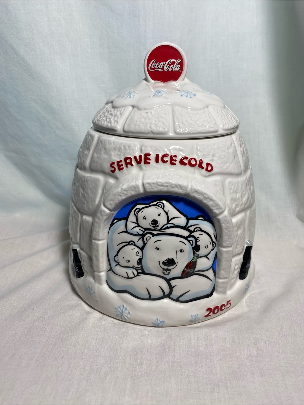Coca-Cola Polar Bear Igloo Cookie Jar 2005 Ceramic Canister Collectible